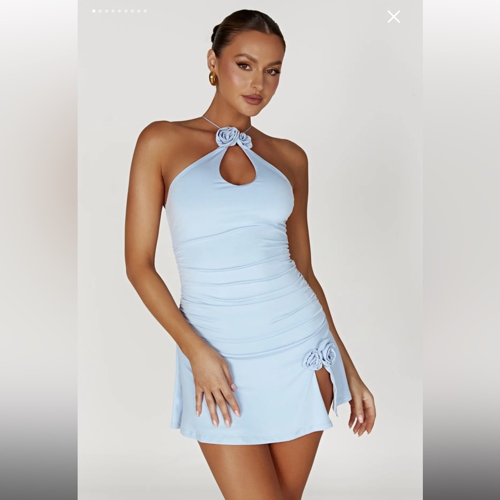 MESHKI - ADELINE
Rose Halter Mini Dress - Powder Blue